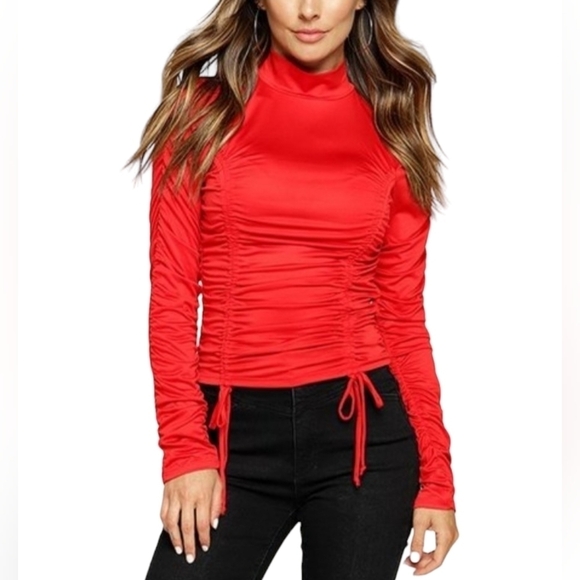 Long Sleeve Tight Fitted Mock Neck Ruched Top Taupe - Picture 5 of 7